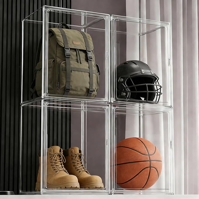 Extra Large 17.7" x 13" x 13" Clear Stackable Storage Bins, Acrylic Boxes with Magnetic Lid Storage Bins for Boots, Shoes, Collectibles, Bags, Figures, Books, Protection Organizer(3 Pack)