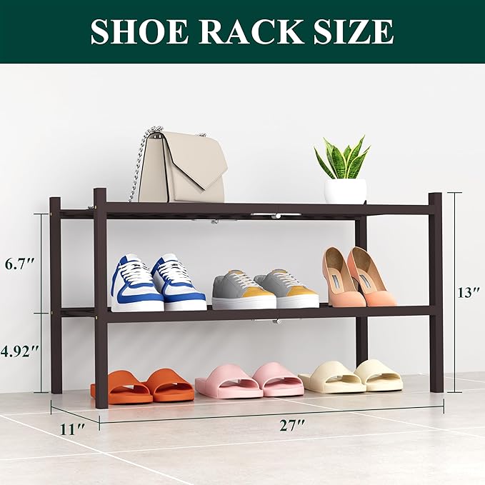 Smiry Bamboo Shoe Rack, 2 Tier Free Standing Wooden Shoe Organizer, Stackable Wood Shoe Storage Shelf for Closet, Entryway, 14 Vertical Slats, One-piece Heavy-Duty Legs, 26.8"x11"x13", Brown