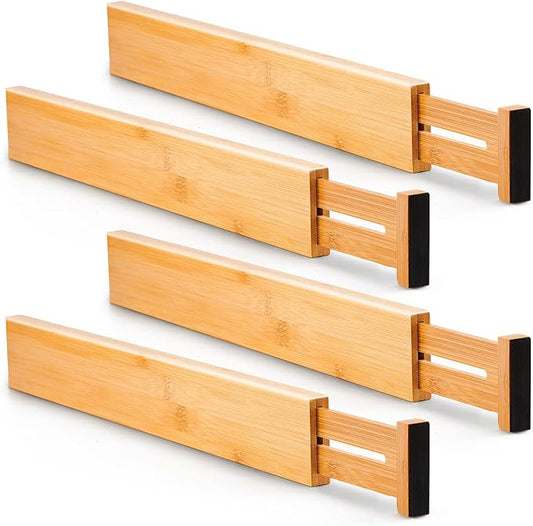 4 pcs Bamboo Kitchen Drawer Dividers Large, Adjustable Drawer Organizers