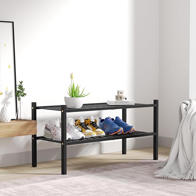 CRAFT 2 Tier Bamboo Shoe Rack for Closet Free Standing Wood Shoe Shelf, Black