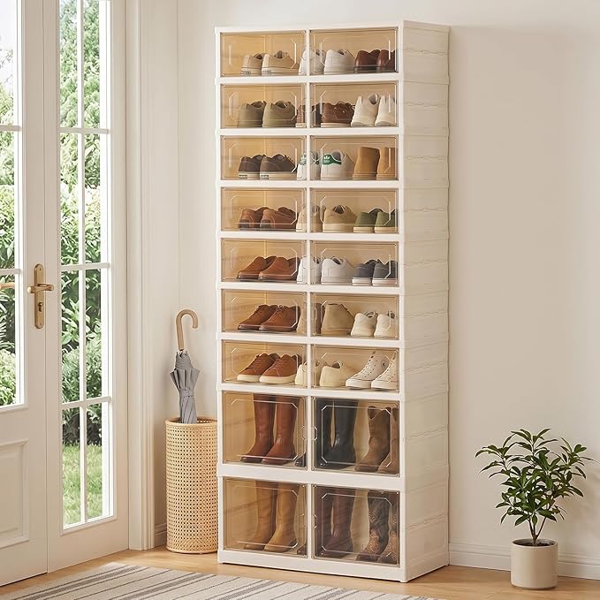 Foldable Shoe Rack with Doors, Stackable Plastic Shoe Organizer, Large Clear Shoe Storage Boxes for Closet and Entryway, Portable Collapsible Shoe Cabinet 9 Tiers, 27Pairs