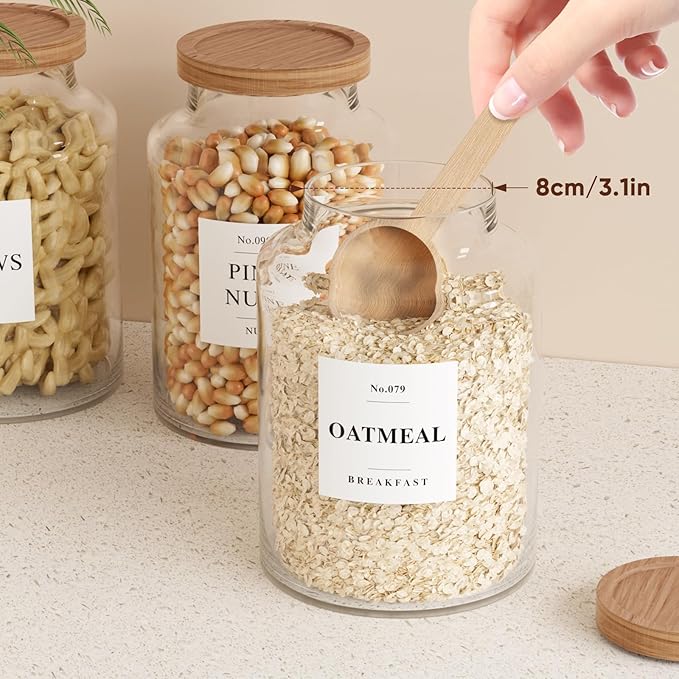 2 PCS Flour Sugar Storage Containers Glass, Large Glass Food Storage Jars with Wood Airtight Lids, 132 Pantry Labels and 2 spoon for Coffee, Flour, Sugar, Spice (70 oz/2000 ml)