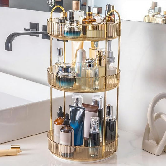 360 Rotating Makeup Organizer, Yellow, Unisex, 3 Tier Countertop Storage