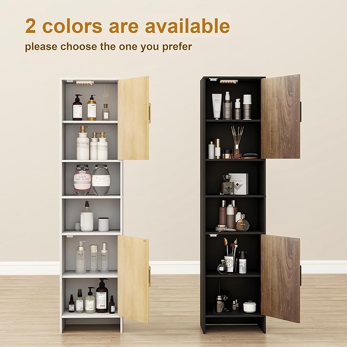 Tall Storage Cabinet, 13.15 Inch Narrow Bathroom Cabinet with USB Magnetic Light, Open Shelf, Magnetic Doors, 2 Adjustable Shelves, Anti-Tip Kit for Small Spaces, Living Room, Black, 57.1" H