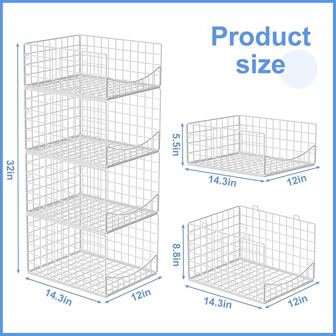Hongtamoya 4-Tier Stackable Closet Organizers and Storage Shelves, Foldable & Mutifunctional Clothes Storage Basket Sweater Organizer Bins Container for Wardrobe Kitchen Office Bathroom, White