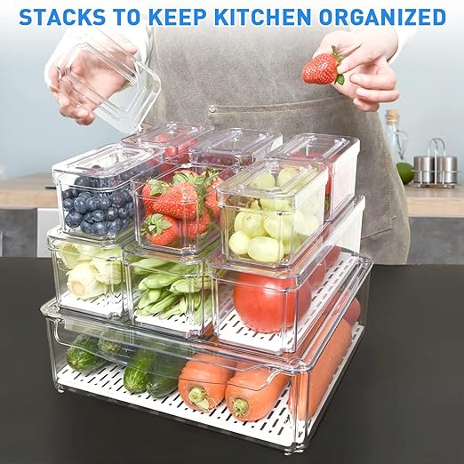 10 Pack Fridge Organizer, Stackable Refrigerator Organizer Bins with Lids