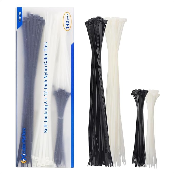 Cable Matters 140-Pack Cable Ties for Indoor and Outdoor, 6, 12-Inch Self-Locking Nylon Zip Ties Assorted Sizes, Tie Wraps for Multiple Use, Self Locking Zipties in Black and White