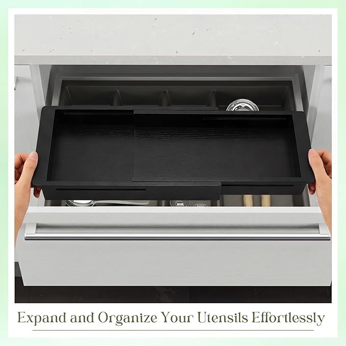 LemonRoad 1 Pcs Sliding Drawer Organizer Bin Bamboo Drawer Expandable Bins Utensil Organizer for Kitchen Spoons Forks Knives (Black)