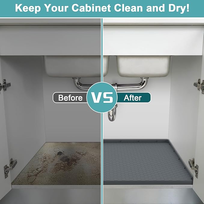 Silicone Under Sink Mat 22" x 19", Under Sink Mats for Kitchen Waterproof, Under Sink Protector Mats for Cabinets, Under Sink Tray Organizer for Kitchen and Bathroom, Gray
