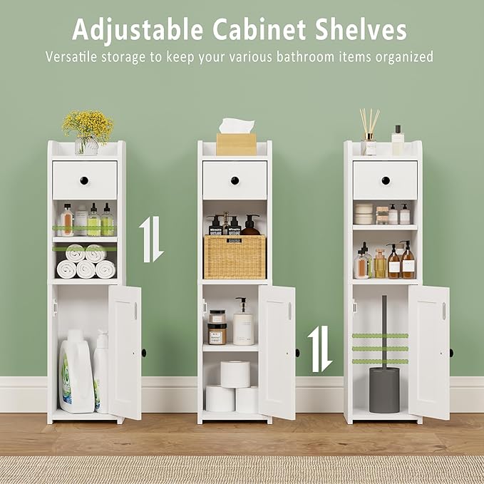 Lomojo Small Bathroom Storage Cabinet,Narrow Toilet Paper Holder,Corner Floor Cabinet with Doors and Drawer for Small Space,Adjustable Shelf Organizer,7.75L*7.75D*29.6H,White
