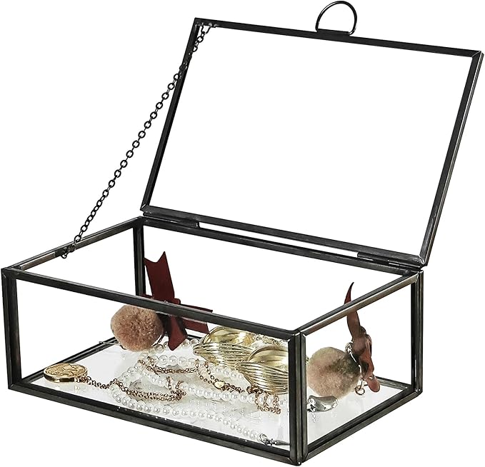HighFree Vintage Glass Box with Lid - Clear Jewelry Glass Display Box Keepsake Box - Home Decor Decorative Box for Trinket Rings Bracelet (Black, Small)