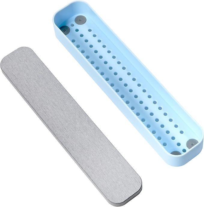 madesmart Toothbrush Tray with Drying Stone, Quick-Dry Organizer for Toothbrushes, Razors, Toothpaste & Bathroom Counter Essentials, Blue