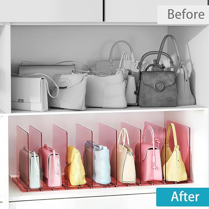 SortNStore Purse Organizer for Closet: Shelf Dividers Adjustable Acrylic Bag Closet Organizers and Storage Pink 4 Bases 14 Shelves