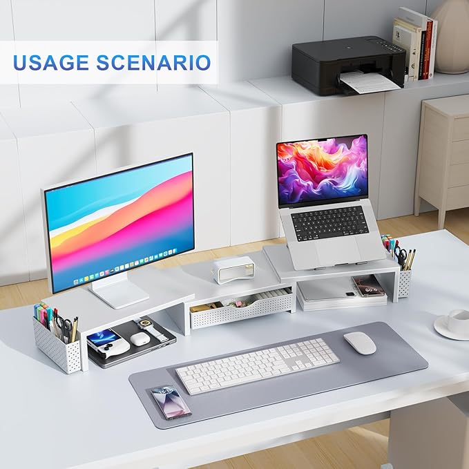 Dual Monitor Stand Riser, Desk Organizer With Drawer and 2 Pen Holders, White