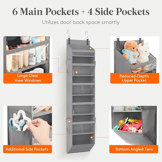 Lifewit 1 Pack Over the Door Organizer, 6 Section Clear Window Hanging Storage with 4 Side Pockets, Sturdy Anti Tilt 40 lbs Load Behind Door for Closet, Bedroom, Bathroom, Nursery, Dorm, Light Gray