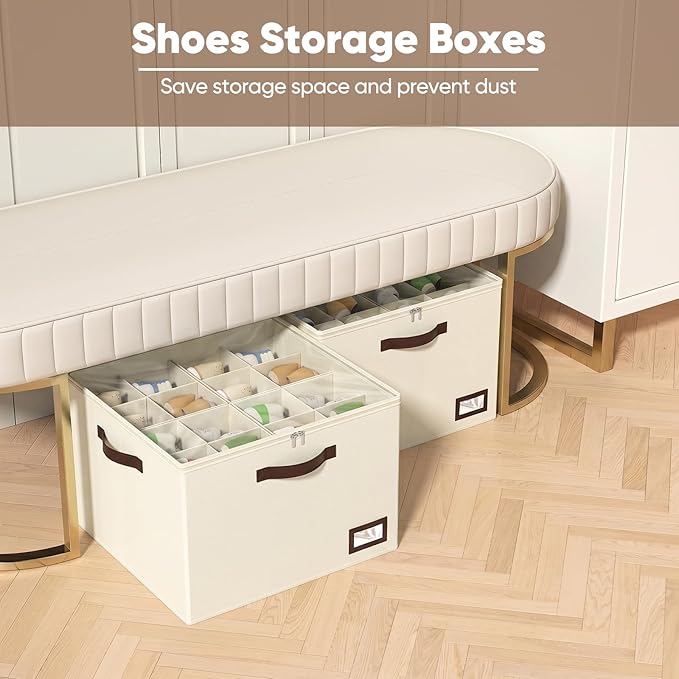 OIAHOMY 2 Pack Shoe Organizer for Closet, Large Foldable Shoe Storage Bins with Dividers and Reinforced Handles, Each Clear Cover Sneaker Box Fits Up to 16 Pairs for Entryway and Bedroom, Beige