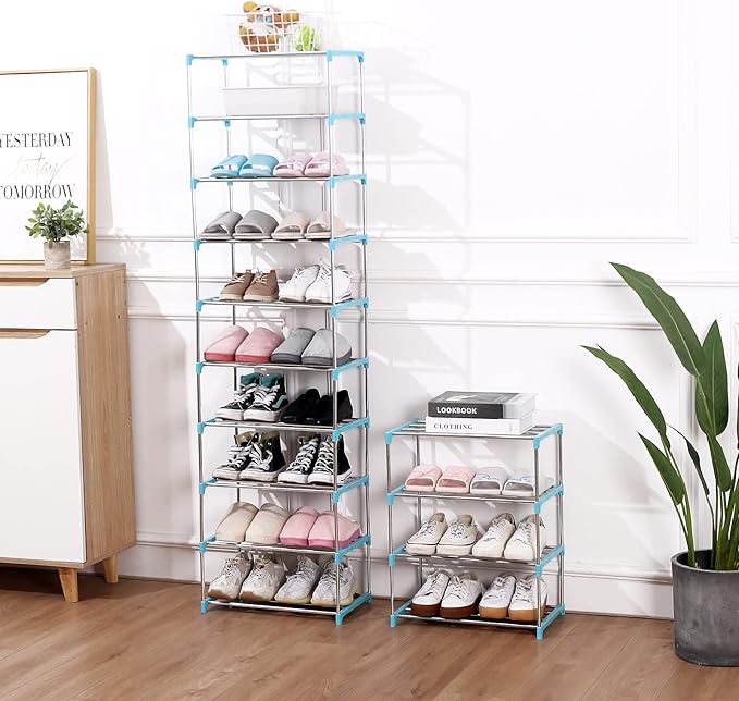 Jucaifu Stackable Small Shoe Rack, Entryway, Hallway and Closet Space Saving Storage and Organization (4-Tier, Blue)