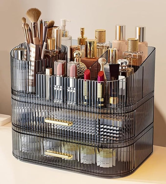 Makeup Organizer with Drawers and 360° Rotating Brush Holder, Large Capacity Cosmetic Storage for Vanity, Skincare, Perfume, Hair Accessories, Lipstick & Jewelry (Transparent Gray, 3-layer)