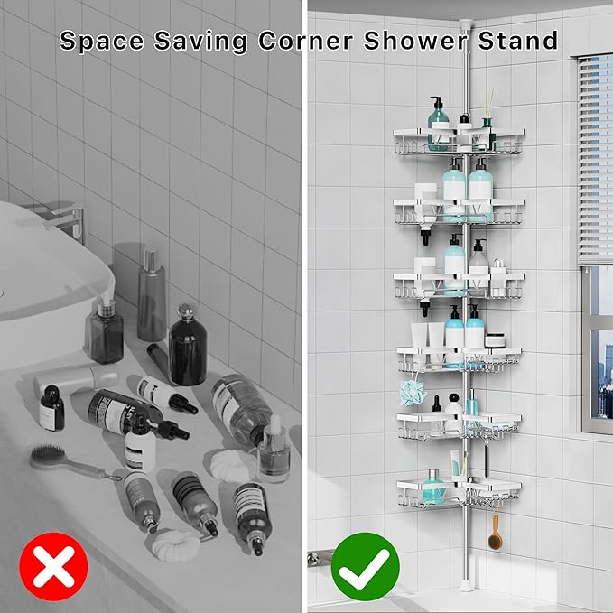Corner Shower Caddy Tension Pole, Adjustable Shower Tension Rod Organizer
