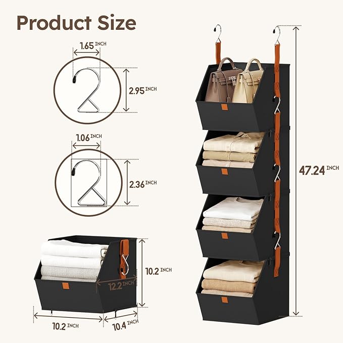 Homsorout Hanging Closet Organizer 4 Tier - Clothes Hanging Shelves, Space-Saving Closet System, Fabric Storage Bins Bedroom Organization, Collapsible Baskets for Home, Dorm, Rv, Black, 8 Pack