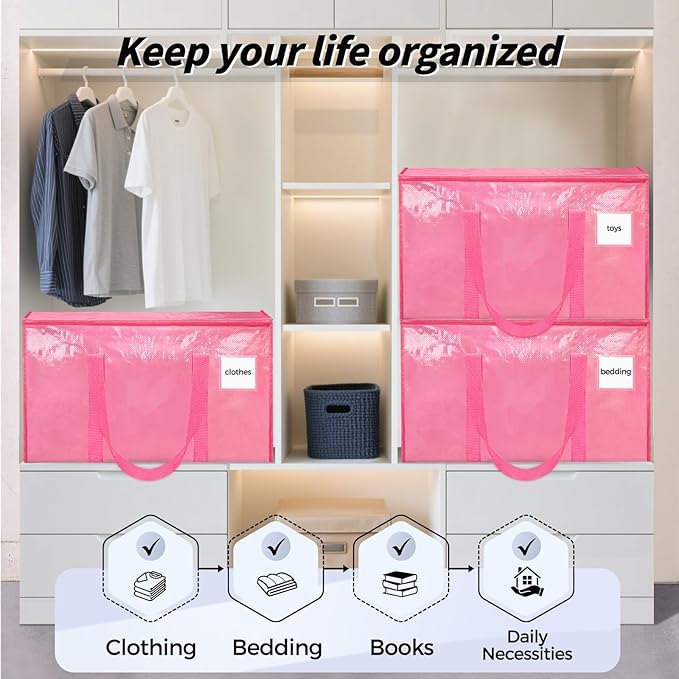16 Pack Extra Large Heavy Duty Moving Bags, Pink Storage Bins with Lids