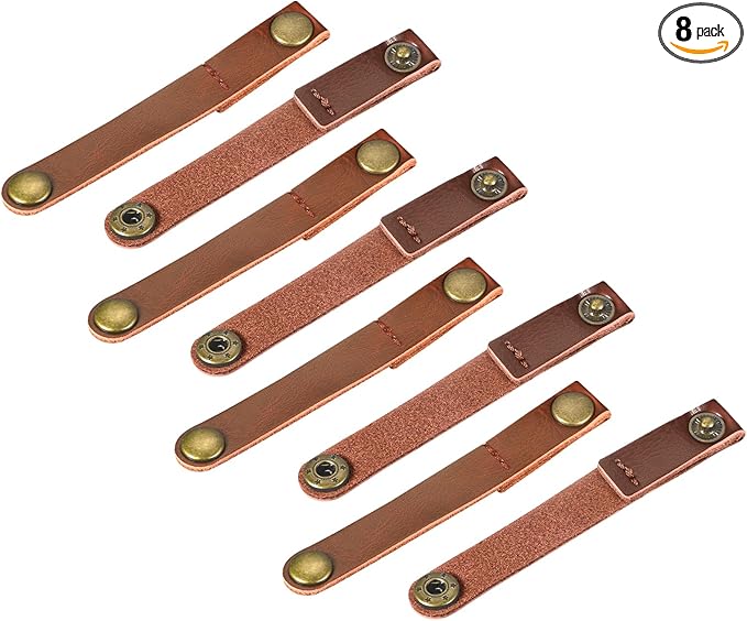 MECCANIXITY Pack of 8 Leather Cable Straps Cord Organizer 90x12mm Portable Cable Leather Clips Light Brown Earphone Cord Management for Cable, Wire