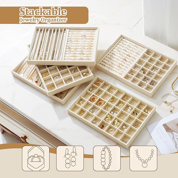 Large Velvet Jewelry Tray 2 Pack Stackable Jewelry Display Drawer Inserts Trays Organizer for Earring Bracelet Necklace Ring (Beige, Ring and 9 Grids)