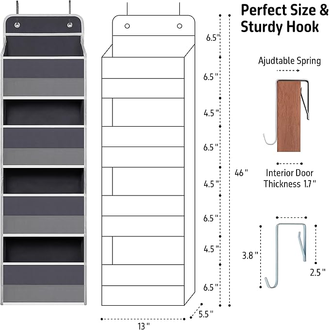 Over The Door Hanging Organizer with 4 Large Pockets, Closet, Bathroom, Gray
