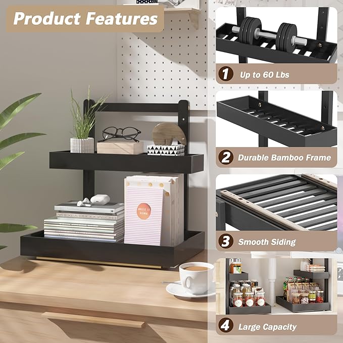 Bamboo Under Sink Storage 2 Tier Pull Out Cabinet Organizer Slide Out Under Sink Storage Shelf Undersink Organizers Shelves for Kitchen Bathroom Organization (Black, 1 Pack)