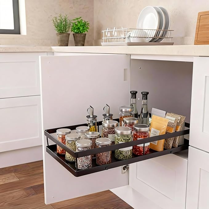 Pull Out Cabinet Organizer, 1-Tier Slide Out Drawer for Kitchen Cabinets, No Drill Adhesive Under Sink Organizer, Ball Bearing Cabinet Pull Out Shelf, Heavy Duty Iron Wire Basket
