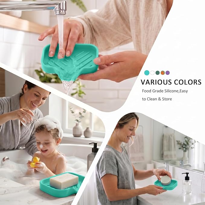 MicoYang Silicone Soap Dish with Drain Spout — Self-Draining Sink Organizer Tray for Bathroom & Kitchen, Holds Bar Soap, Sponges & Dispensers, Non-Slip & Dishwasher Safe, Mint (Small, 4.9"×3.2")