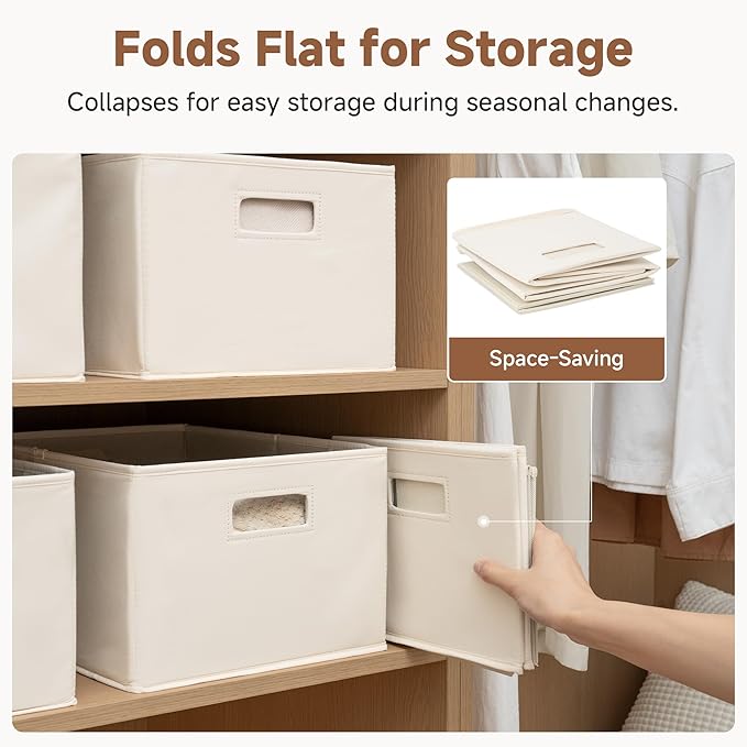 StorageWorks Fabric Storage Bins for Shelves, Closet Organizers and Storage Baskets, Collapsible Storage Bins with Cutout Handles, Large, 2-Pack, Ivory