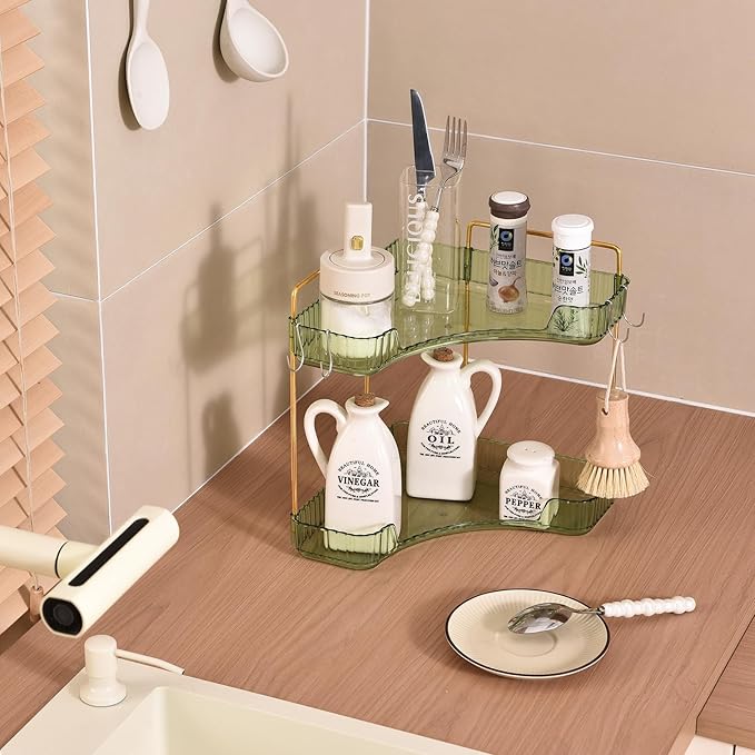 2-Tier Corner Bathroom Organizer Countertop with Hooks, Green Gold