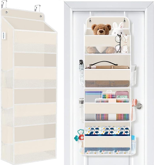 WISELIFE Over The Door Organizer Storage 4 Shelves Large Capacity Hanging Bedroom Storage Solution with 6 Side Pockets for Dorm Bathroom Pantry Nursery and Baby Essentials Holds up to 40 Lbs (Beige)