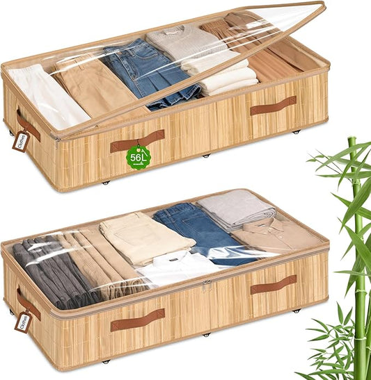 Bamboo Under Bed Storage with Wheels, 6 inches Underbed Storage Containers