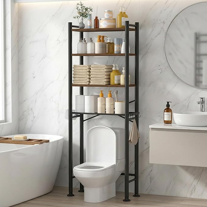 4-Tier Over Toilet Storage with Anti-Tilt Safety System, 69.3" H, Brown