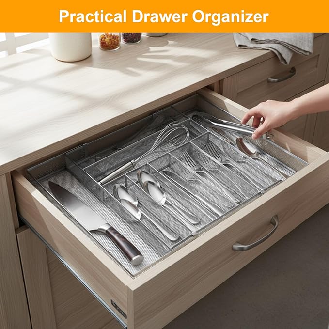 2 Pcs Utensil Drawer Silverware Organizer, Sliver