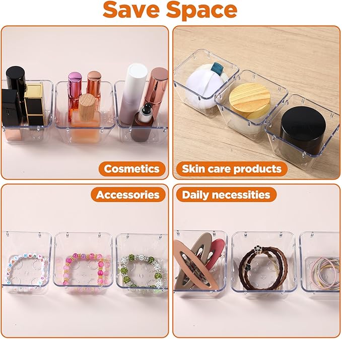 24 Pcs Clear Plastic Drawer Organizer Set, 3 x 3 x 2 Inch Stackable Storage Bins Dividers for Makeup, Office, Kitchen, Bathroom Organization
