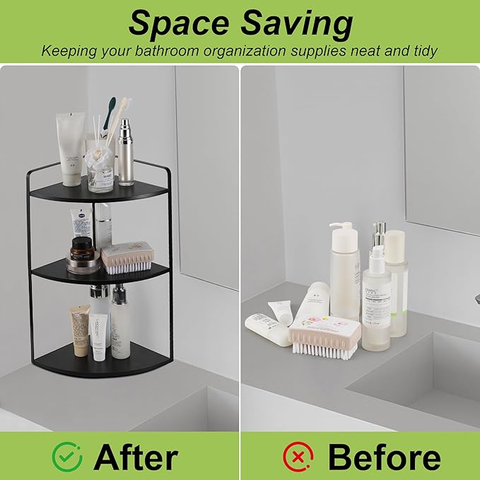 3 Tier Corner Bathroom Counter Organizer, Countertop Organizer, Makeup Organizer Countertop, Bathroom Storage Sink Shelf, Wooden and Metal Counter Shelf (Large Capacity-Black)