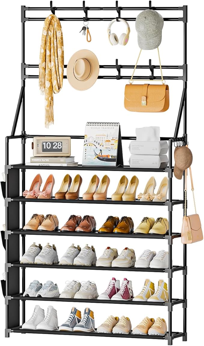 OYREL Shoe Rack 6 Tier Shoes Organizer 24-30 Pairs Shoe Racks for Closet Front Door Entrance Large Capacity Space Saving Shoe Storage Organizer with Multifunctional 5 Hooks and Side Pocket