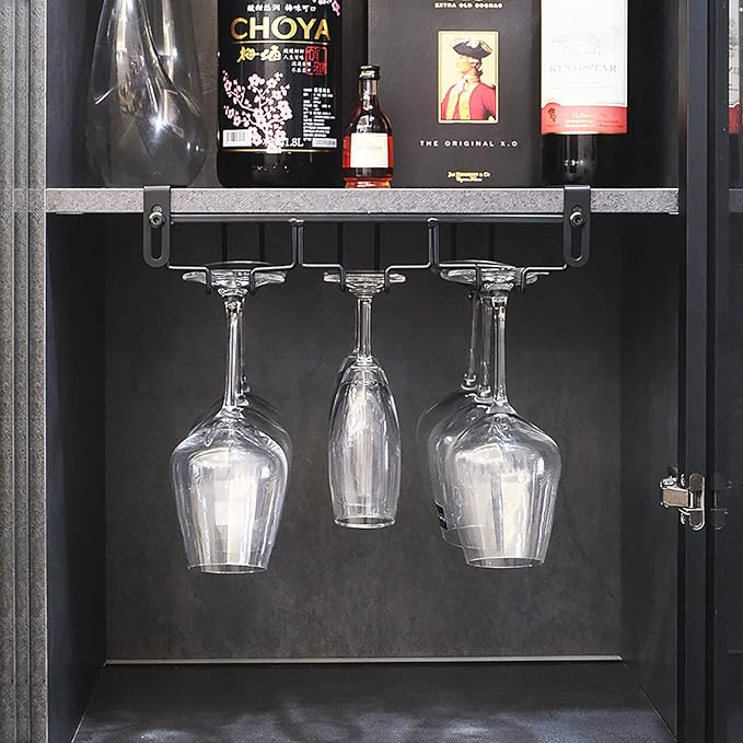 Adjustable Under Cabinet Stemware Holder - Metal Wine Glass Hanger Organizer for Kitchen, Bar, Shelf - Rustproof Hanging Storage Rack for 6-8 Glasses - Space Saving Decor (Black, 3 Rows)