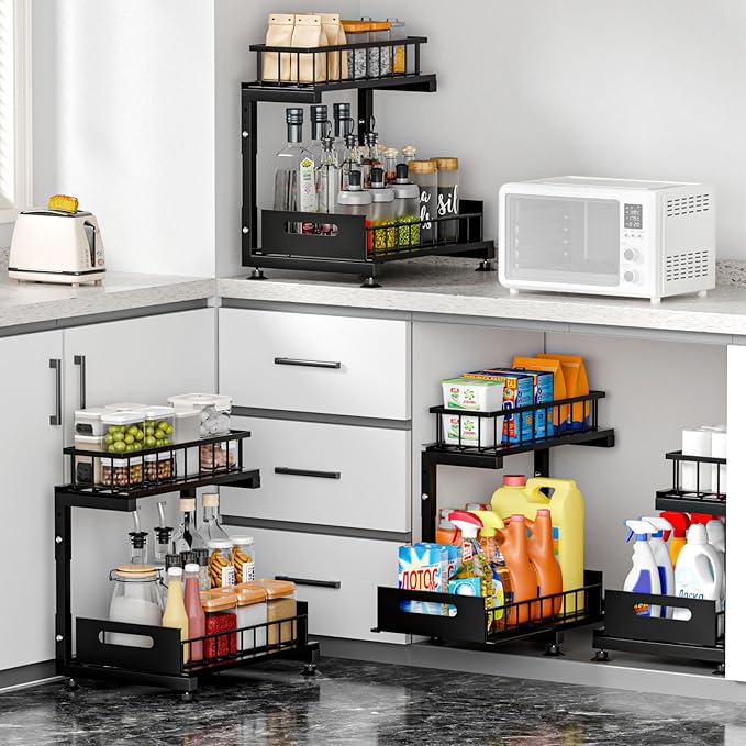 Saydear Under Sink Organizer, 2-Tier Premium Metal Pull-Out Racks with Adjustable Height, Heavy Duty Sliding Bin for Bathroom and Kitchen Cabinet Storage, Rust Resistant 1 Pack Black