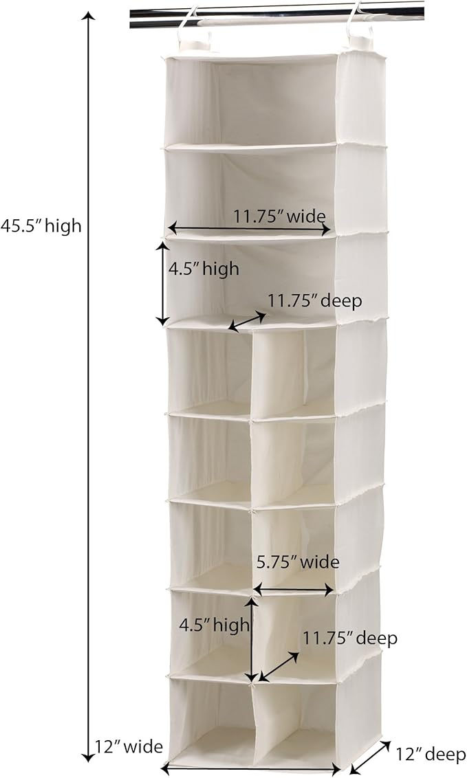 Household Essentials Hanging Shoe Organizer, Natural Canvas, Clothes Storage, 10 Pockets and 3 Shelves, Collapsible, Cream