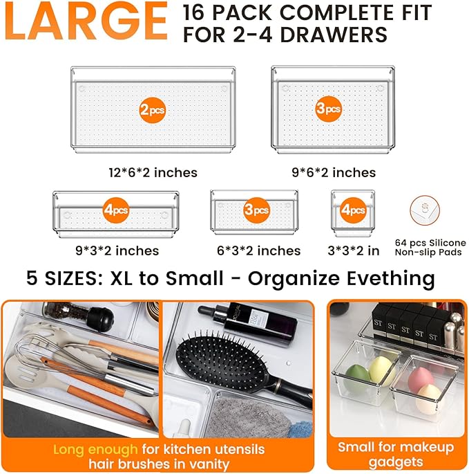 16 Pack Large Clear Plastic Drawer Organizer Bins