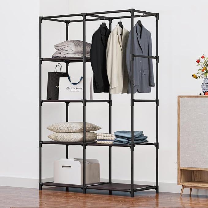SORCEDAS Portable Closet Wardrobe Organizer Storage with Cover Non-Woben Fabric Portable Wardrobe Closet for Hanging Clothes Racks Shelving 33 Inch for Bedroom, Blue (Coffee, 33Inch)