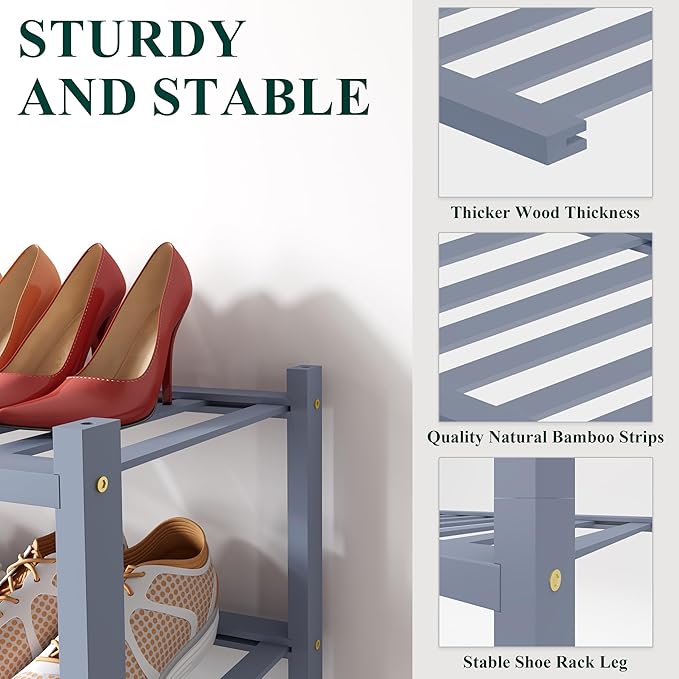 Smiry Bamboo Shoe Rack for Closet, 2 Tier Small Wooden Shoe Organizer, Stackable Wood Shoe Storage Shelf for Entryway, 14 Vertical Slats, One-piece Heavy-Duty Legs, 17.32"x11.02"x12.99", Grey