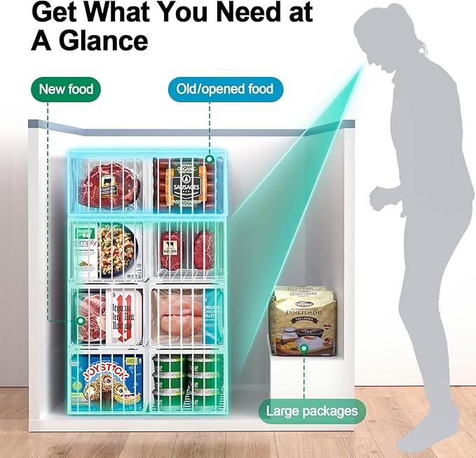 Freezer Organizer Bins, 6 Pack Stackable Deep Chest Freezer Organizer Bins, Foldable Freezer Baskets with Handles, White Freezer Storage Organizer Baskets for 7 Cu.FT Deep Freezer Sort Frozen Meats