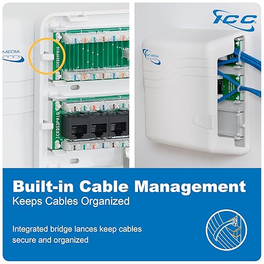 ICC Compact Plastic Structured Media Enclosure with Cover, Small Wiring Enclosure with CAT5e 8-Port PoE++ and 1x8 Bridged Telephone, 7.5 x 6.5 x 3.5 Inch, UL Listed TAA Compliant, ICRDSMMBW1