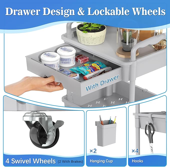 3 Tier Rolling Cart with Drawer, Gray