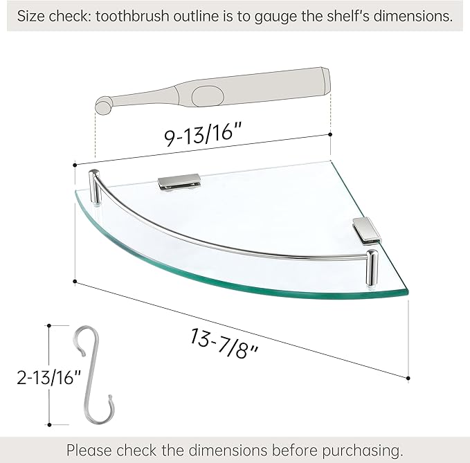 KES Glass Corner Shelf with Hooks 18/8 Stainless Steel, Tempered Glass Bathroom Corner Shelf with Rail, Shower Glass Shelf 2 Pack Wall Mounted, Polished Finish, BGS2101A-P2
